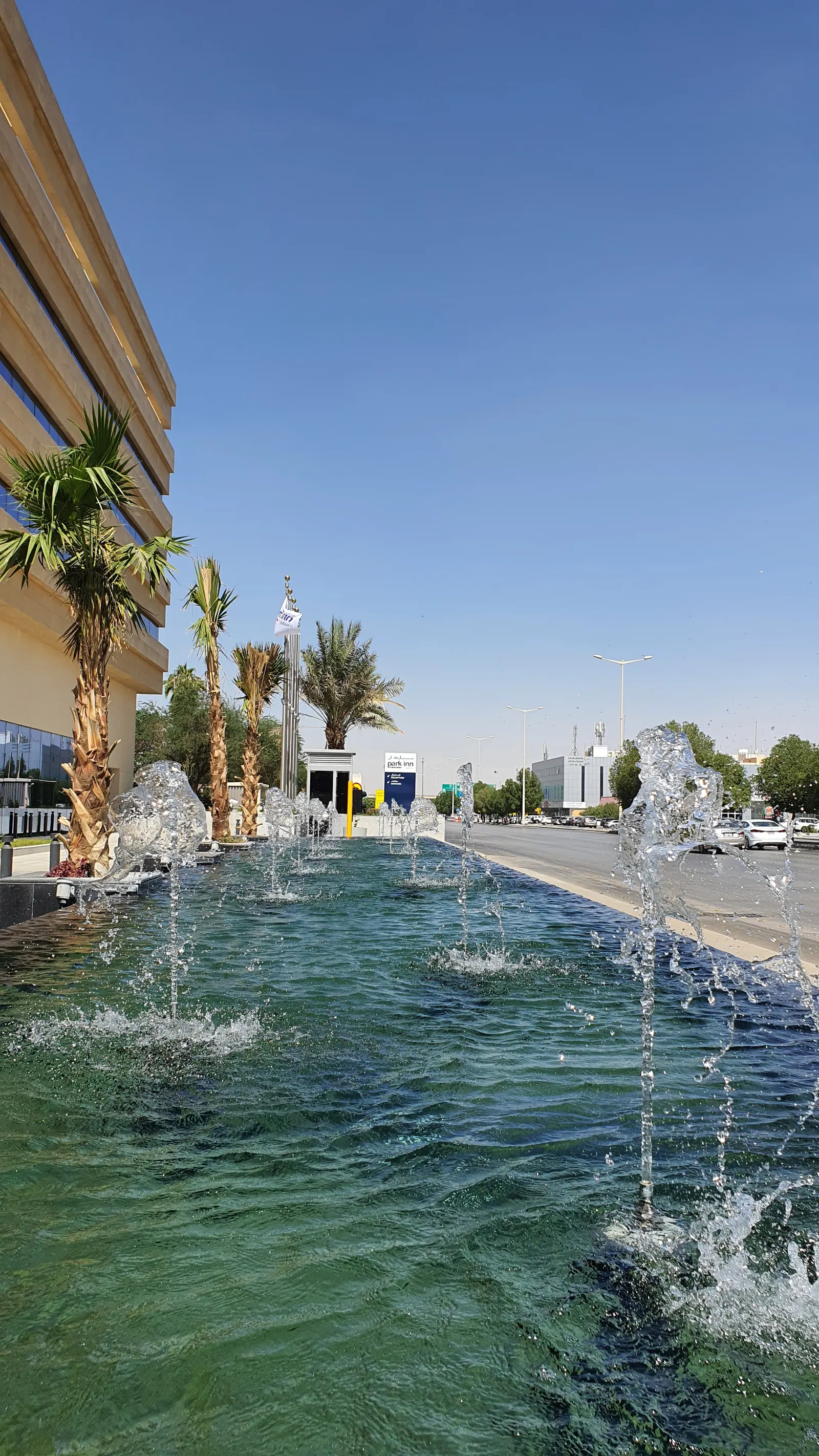 Fountain jets in front of the hotel entrance