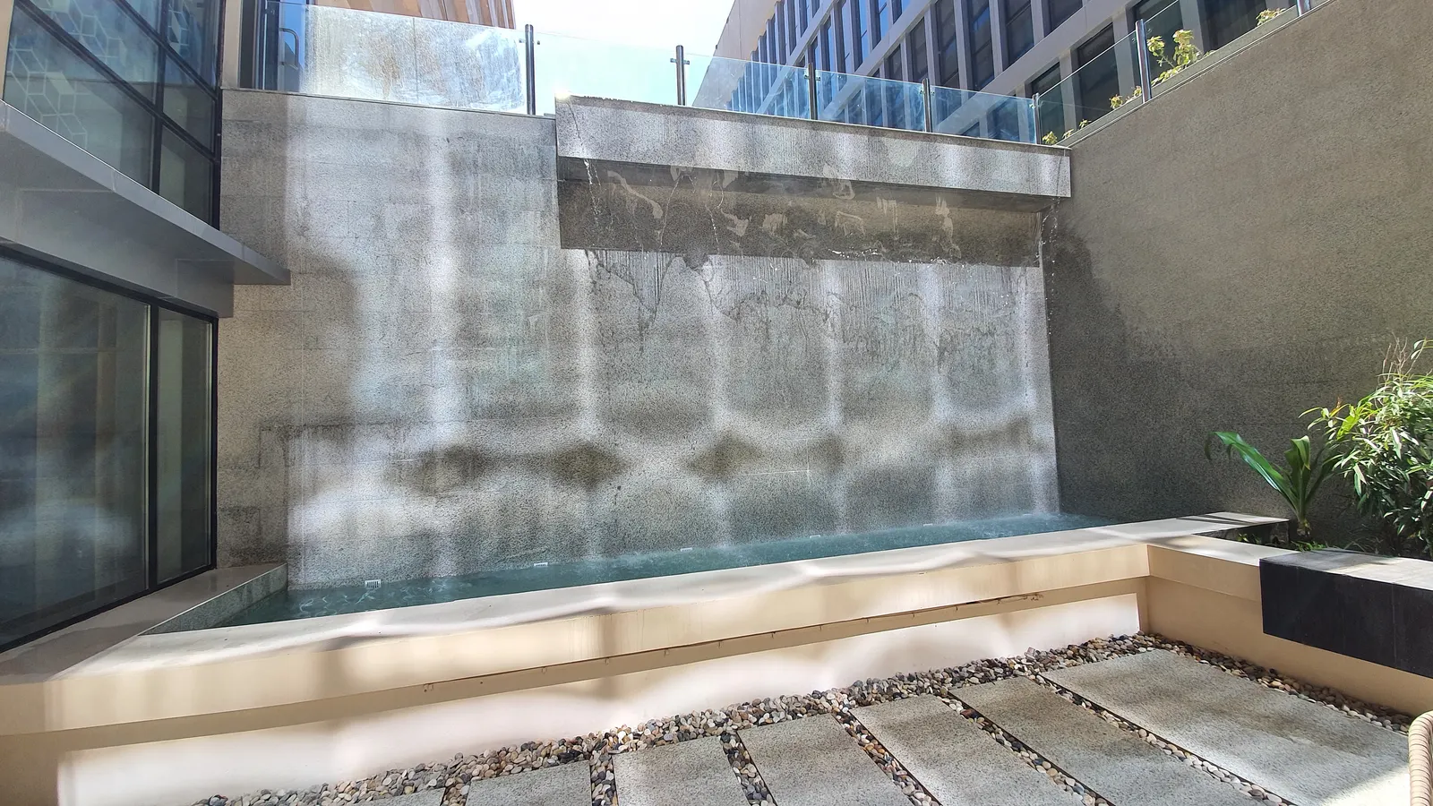 Water wall in the hotel courtyard