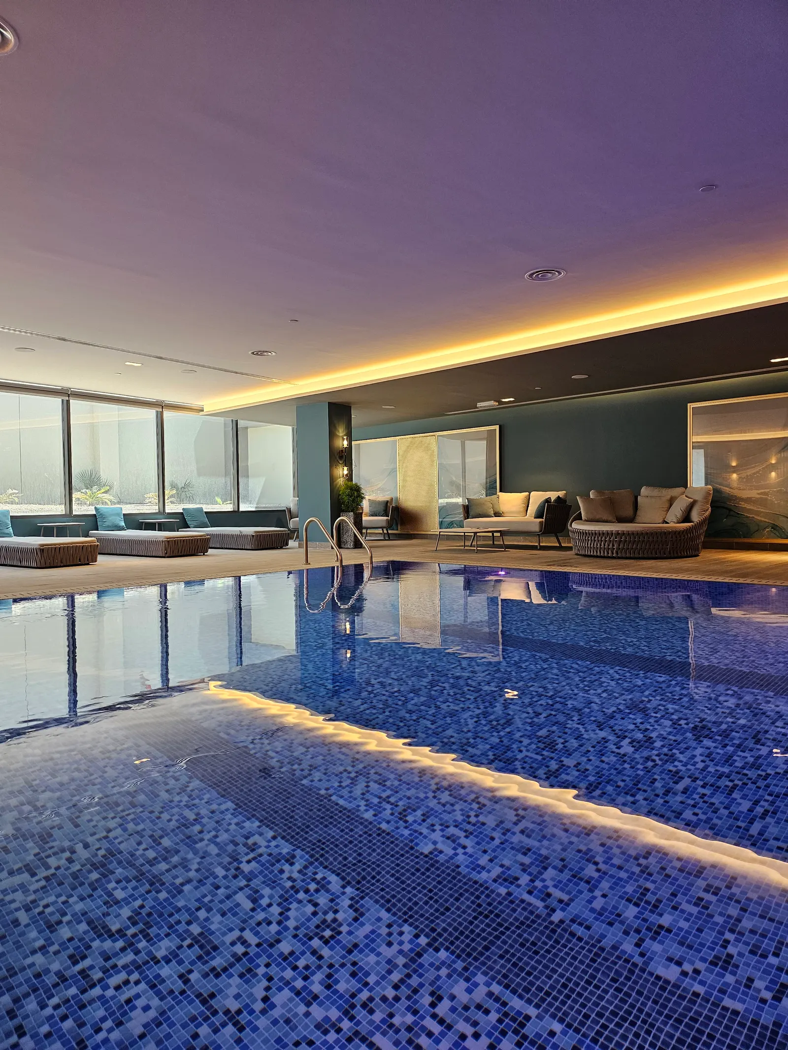 Pool hall with the city view beyond