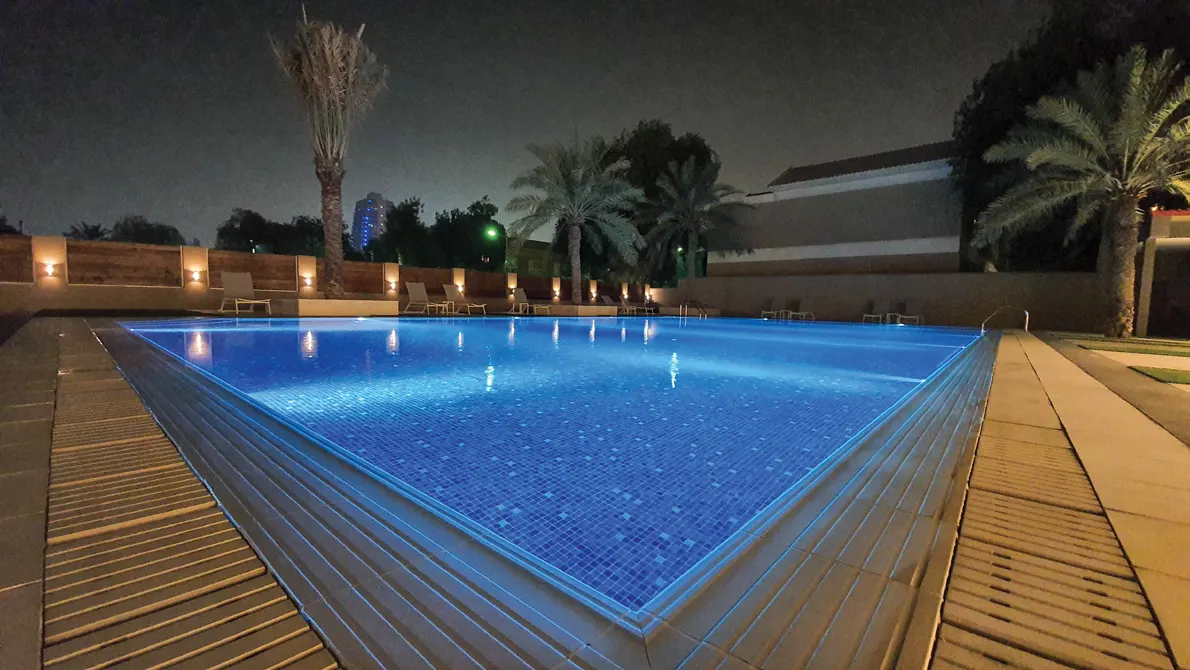 Illuminated pool between palms at night